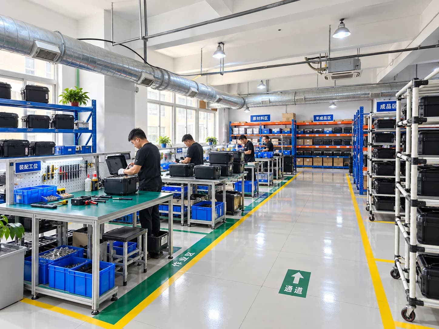Workshop view showing top case assembly workstations, tools and material shelving.