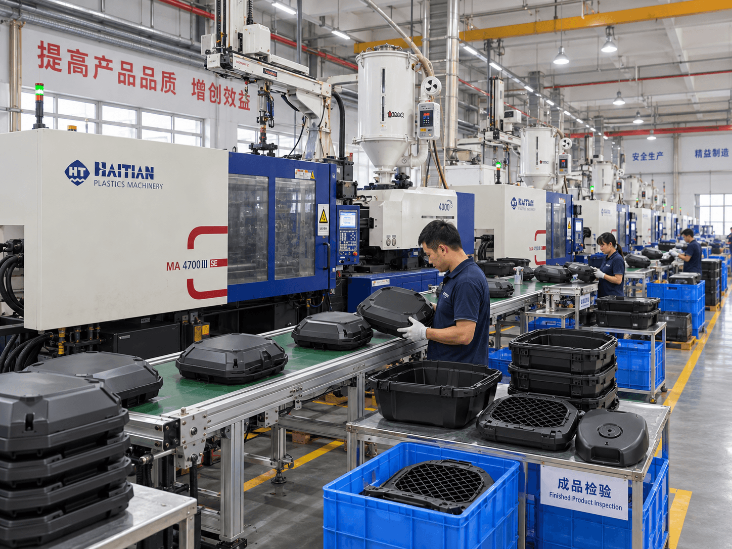 Injection-molding workshop with machines and motorcycle top-case shells